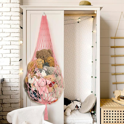 Stuffed Animal Net or Hammock Corner Hanging Net for Stuffy Animal Storage Macrame Toy Display Plush Toy Holder Wall Pet Net for Nursery Kid Bedroom Decor Playroom Organizer (Pink XL)