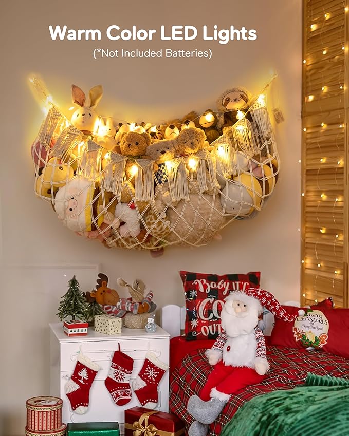Stuffed Animal Hammock Net with Lights - Big Wall Hanging Stuffed Animal Storage for Plushies and Teddy Bears,Boho Macrame Toy Hammock Organizer Holder for Kids Boys Bedrooms Playroom Nursery （White）