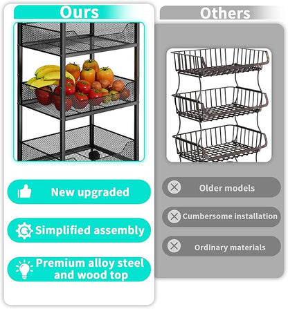 HapiRm Fruit Basket Kitchen Cart - 4-Tier Rolling Storage Cart with Wheels, Fruit Vegetable Basket with Wood Top, Pantry Utility Kitchen Organizer for Fruit Potato Onion Vegetable Bread Snack