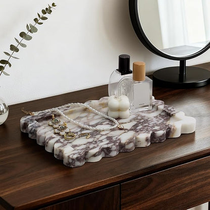 100% Real Natural Marble Tray, Genuine Calacatta Viola Scalloped Stone Tray, Luxury Decorative Trays for Bathroom Dresser, Vanity, Home, Kitchen Decor, Non-Resin/Ceramic, 10.6"x 8", Purple