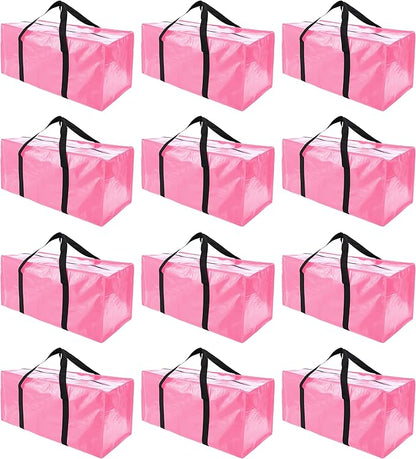 PANDA JOYS 12 Pack Extra Large Moving Bags with Zippers & Carrying Handles, Heavy-Duty Storage Tote for Space Saving Moving Storage, Fold Flat, Alternative to Box and Bin,Pink