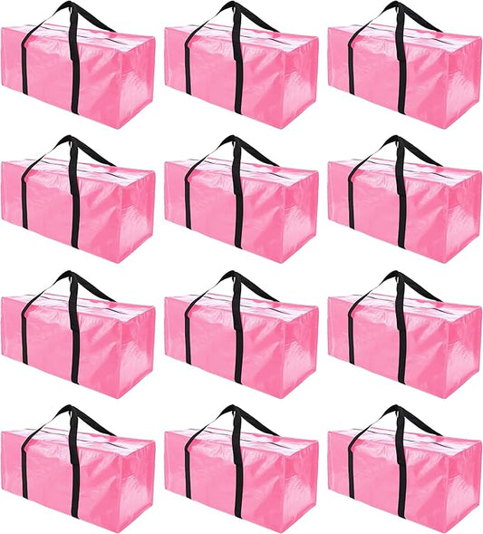 PANDA JOYS 12 Pack Extra Large Moving Bags with Zippers & Carrying Handles, Heavy-Duty Storage Tote for Space Saving Moving Storage, Fold Flat, Alternative to Box and Bin,Pink
