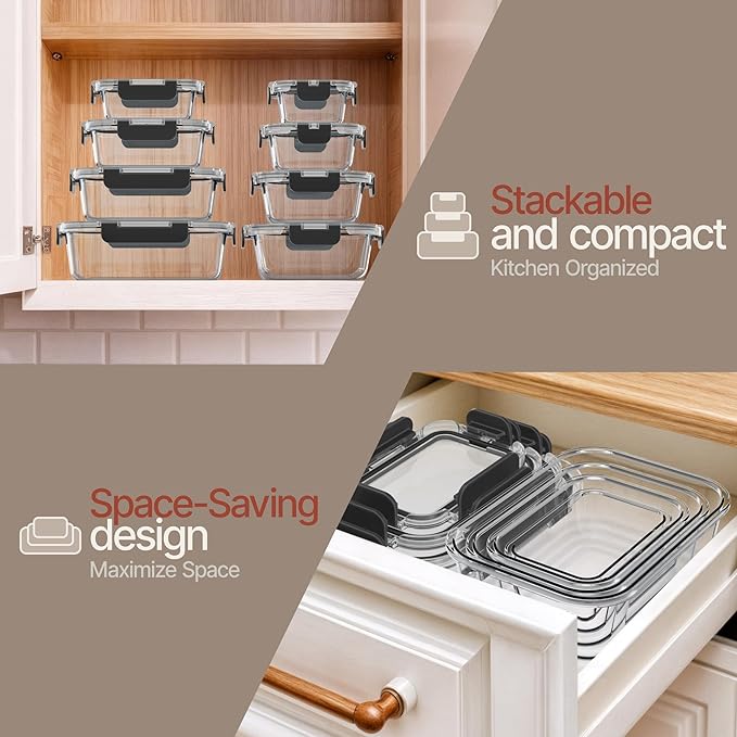 Bakken Borosilicate Glass Food Storage Containers with Lids 16 Pieces, BPA-Free Stackable Lunch & Leftover Containers, Microwave, Freezer & Dishwasher Safe, 100% Airtight Leak-Proof, Black