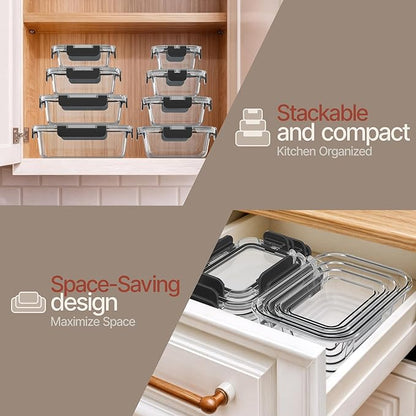 Bakken Borosilicate Glass Food Storage Containers with Lids 16 Pieces, BPA-Free Stackable Lunch & Leftover Containers, Microwave, Freezer & Dishwasher Safe, 100% Airtight Leak-Proof, Black