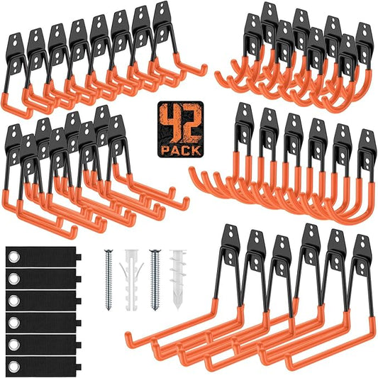 42 Pack Garage Hooks Heavy Duty, Rust-Resistant Solid Steel Wall Mount Hangers for Hanging Ladders & Bikes, Non-Slip PVC Coating Tool Organizer, 5 Sizes U & J Shapes + 6 Straps