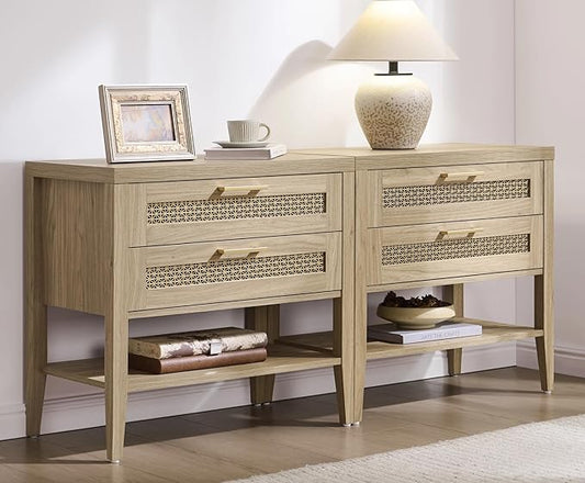 SICOTAS Night Stand Set 2 - Large Nightstands Sets of 2 with Drawers and Shelf, Rustic Bedside Table for Bedroom, Mid Century Modern Nightstand, 25.7" Tall Side End Table (Light Walnut, 2 Pieces)