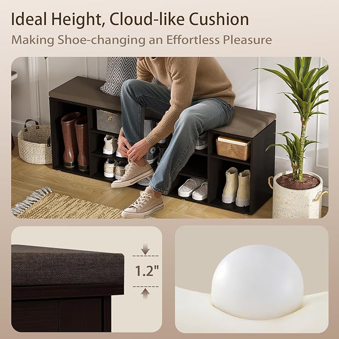 DINZI LVJ Shoe Storage Bench with Cushion, 13-Cubby Shoe Rack, Adjustable Shelves, Multifunctional Shoe Organizer Bench for Entryway, Mudroom, Hallway, Living Room, Bedroom and Garage, Espresso