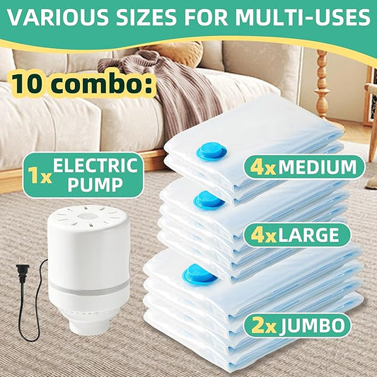 Vacuum Storage Bags with Electric Pump, Vacuum Seal Space Saver Bags for Clothes, Clothing, Blanket Bedding Comforters, Combo 10 pack