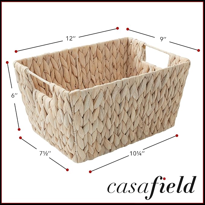Casafield Set of 4 Water Hyacinth Storage Baskets with Handles - Whitewash White, Woven Storage Bins for Shelves, Blankets, Laundry Organization