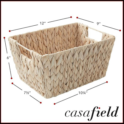 Casafield Set of 4 Water Hyacinth Storage Baskets with Handles - Whitewash White, Woven Storage Bins for Shelves, Blankets, Laundry Organization