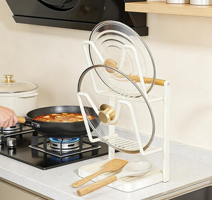 EHZBRCN 1Pc Kitchen Pot Lid Storage Rack, 2026 New Multifunctional Pot Lid Holder with Tray, Double-Layer Pots Lids Pan Organizer, Carbon Steel Kitchen Organizer Stand for Stove Top