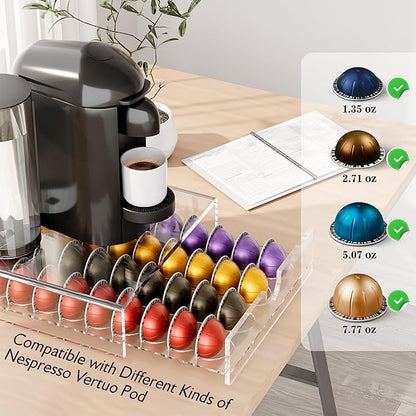 BXINREDA Acrylic Coffee Pod Organizer for Nespresso Vertuo Pod Holder 40 Pods Clear Vertuo Pod Storage Drawer (1 Tier) (Clear)