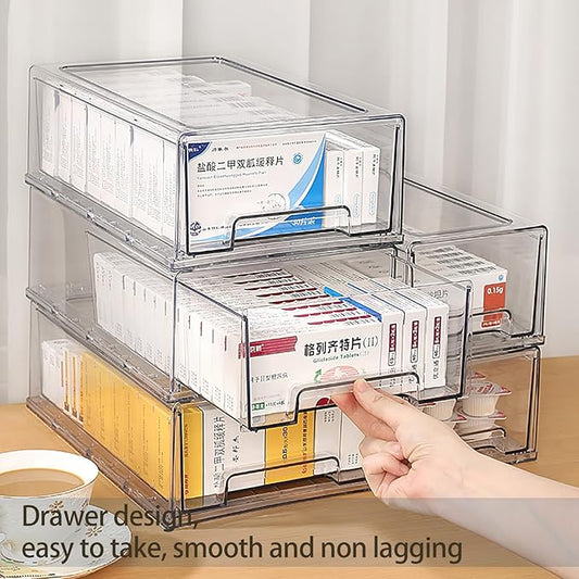 Sgoostood 2 Pack - Clear Pulling Medicine Drawer First Aid Kit Box for Bathroom, Cabinet, Closet,Medicine Organizer, Medicine Storage Box Adhesive Bandages Family Emergency Kit (L drawer)