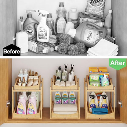 Bamboo Under Sink Organizer and Storage, 1 Pack Pull Out Cabinet Organization, 2 Tier Vertical Slide Out Undersink Storage Shelf, Multi-Purpose Organizer Shelves for Kitchen Bathroom Medicine