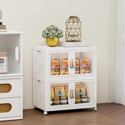 Vavkorkula Large Clear Stackable Storage Bins with Lids, 90QT-45QT*2Tier Foldable Cabinet for Closet Organizers, Plastic Storage Box with Wheels White