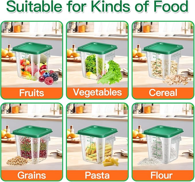 FeyBuosk 4 pcs 4qt Food Storage Containers with Lid, Square Clear Commercial Food Storage Containers with Handle and Scale for Food Storage in Home Kitchen & Dining (Green)