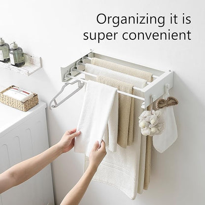 Clothes Drying Rack, Laundry Hanger Dryer Rack, Wall Mounted Drying Rack for Laundry, Foldable Drying Rack Indoor Outdoor,19.7" Wide,4 Aluminum Rods with Hooks, 40 lb Capacity (White 19.7" Hooks)