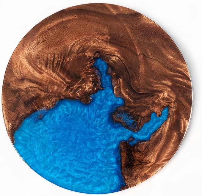 Handmade Reversible 16" Wood and Epoxy Resin Lazy Susan, Turntable for Kitchen Countertop, Rotating Display Stand, Organizer and Storage for Dining Table, Cup Board, Home Decor (Medium Blue)