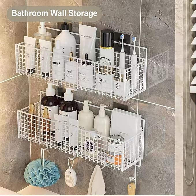 2 Pack Hanging Wall Wire Baskets,Metal Wire Storage Bin Rack for Kitchen Bathroom Shower Spice Shelf (White)
