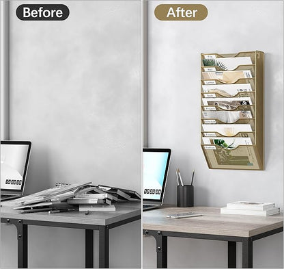 EasyPAG 8 Pocket Mesh Wall File Organizer, Hanging Paper Folder Holder with Classify Label, Vertical Wall Mount Mail Organizer for Office Home Classroom, Gold