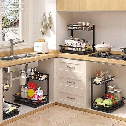 2 Packs Under Sink Organizer, Height Adjustable 2 Tier Under Kitchen Sink Organizer, Multi-Purpose Storage Shelf for Kitchen Bathroom Cabinet (Black)