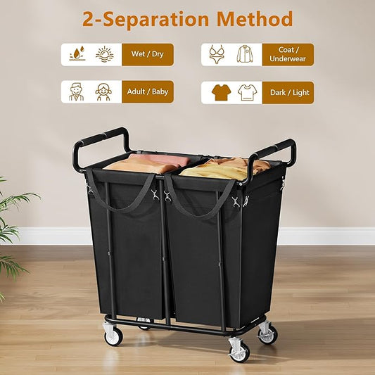 Large Laundry Hamper with Wheels, 2 - Bag 250L Rolling Medium Laundry Basket Sorter Cart, Medium - Sized Laundry Clothes Hamper, Heavy Duty Laundry Basket Organizer for Laundry Room, Bathroom
