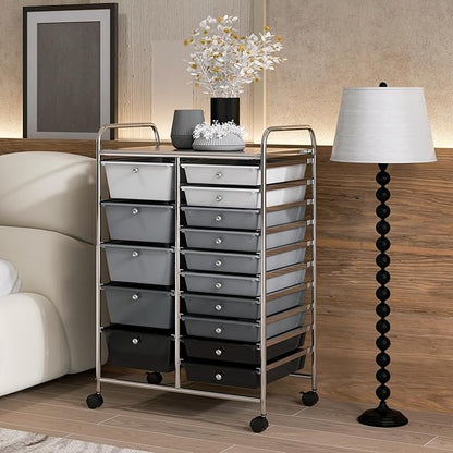 KOTEK 15-Drawer Rolling Storage Cart, Multipurpose Mobile Utility Cart with 4 Wheels, Home Office School Tools Scrapbook Paper Organizer (Grey & Black)