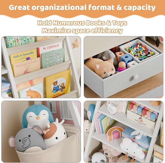 Kids Bookshelf and Toy Storage - Book Shelf for Kids Rooms, Toddler Bookshelf Baby Bookcase for Nursery, Montessori Toy Organizer, White