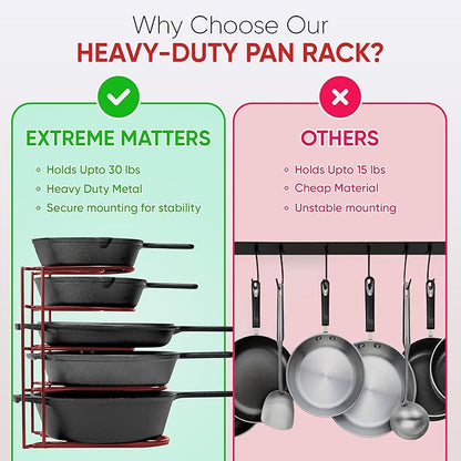 Extreme Matters Heavy-Duty Pots and Pans Organizer | 5-Tier Cookware & Lid Storage Rack | Free-Standing or Wall-Mount | Kitchen Organizer for Cast Iron Skillets, Pots, Frying Pans, Lids | Red