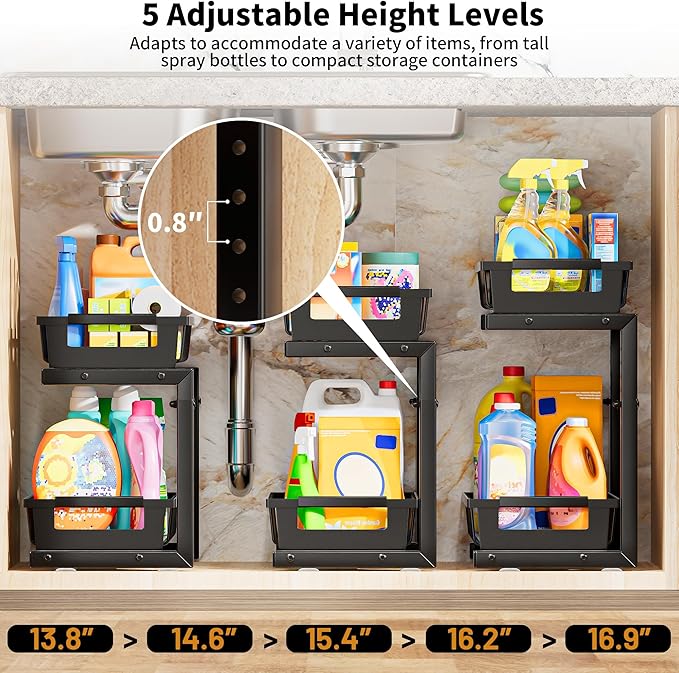 Under Sink Organizer 2 Pack, 2 Tier Adjustable Height Reinforced Carbon Steel Under Kitchen Bathroom Sink Storage Organizer, Smooth Pull-out Under Sink Cabinet Rack Drawer Organizer, Black