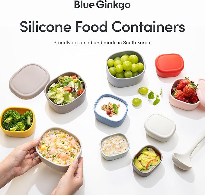 BLUE GINKGO Nesting Silicone Containers - Set of 3 Hard-Shell Silicone Food Storage Containers | BPA Free, Airtight, Dishwasher and Freezer Safe (6.7oz, 10oz, 20oz) - Grey