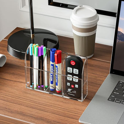 MaxGear Wall Marker Holder 3 Compartments, 2 Pack Desk Acrylic Organizer for Remotes, Pens, Makeup, Markers, Clear Remote Control Holder for Whiteboard Accessories-7.8'' x 1.6'' x 5.5''