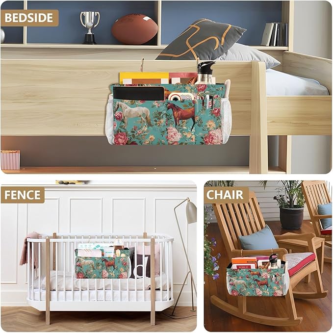 CuwrYet Bedside Caddy Hanging Bunk Bed Caddy Bed Organizer Hanging Pocket with 2 Hooks Bedside Storage Organizer Pocket Bag Holder Teal Horses and Red Roses
