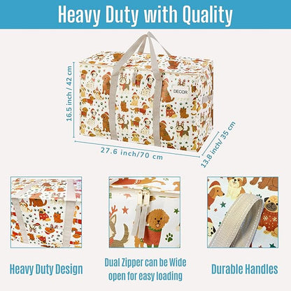 VENO 4 Pack Moving Bags and Large Christmas Storage Bins with lids. Alternative to Moving Boxes, Packing Supplies for College. Extra Large Heavy Duty Totes for Packaging (Holiday Pups, 4 Pack)