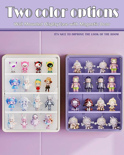 HGYZE Clear Display Case for Figures, 15.75" High, Wall Mounted Shelf with Magnetic Door, Hanging Display Case for Collectibles Action Doll Blindboxes Storage (Purple, 4-Layer 1 Pack)
