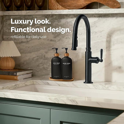 Vine Creations Black Glass Soap Dispenser Set, Hand Soap and Dish Soap Dispenser Set with Bamboo Tray, 16 oz Glass Dispensers Bottle for Kitchen and Bathroom Decor Modern Boho with Bamboo Pump (Black)
