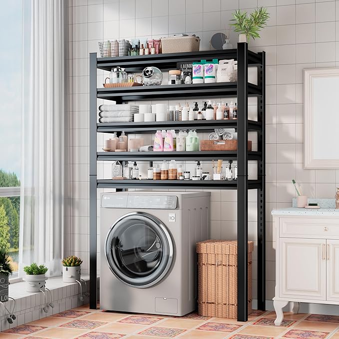 Over Washer and Dryer Shelves, 5 Tier Adjustable Metal Washing Machine Shelf, Sturdy and Spacious Laundry Room Organization and Storage Rack, 35.43''W*17.72''D*77.44''H, Black