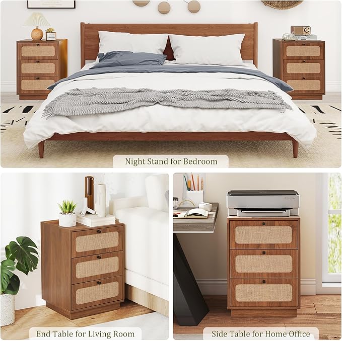 AVZEAR Mid Century Night Stand Set of 2, Modern Nightstand with 3 Drawers and Nature Linen Panel, Wood Bedside Table Rustic End Table for Small Space, Dorm, Bedroom(Walnut)