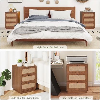 AVZEAR Mid Century Night Stand Set of 2, Modern Nightstand with 3 Drawers and Nature Linen Panel, Wood Bedside Table Rustic End Table for Small Space, Dorm, Bedroom(Walnut)