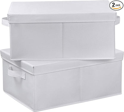 HOONEX Storage Bins with Lids for Organizing, Pack of 2, Storage Boxes with 2 Carrying Handles and Sturdy Heavy Cardboard, 16.5" L x 11.8" W x 7.5" H for Shoes, Books, Clothes, Nursery, White