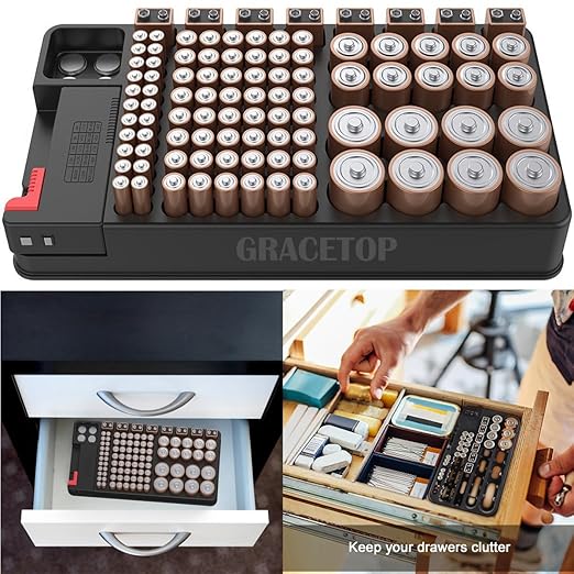 Battery Organizer Storage Case, Stores & Protects Up to 110 Batteries, Holds AAA AA C D 9V Button Cell, Compact Design with Lid for Home & Garage, with Battery Tester (Holds 110 Batteries)