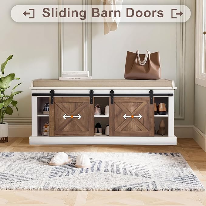 2-Tier Shoe Storage Bench,43" Wooden Shoe Cabinet with Sliding Doors,Length Shoe Bench with Adjustable Shelves,Storage Bench for Entryway,Hallway,Bedroom