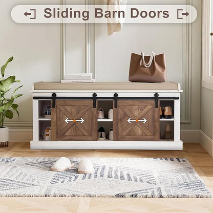 2-Tier Shoe Storage Bench,43" Wooden Shoe Cabinet with Sliding Doors,Length Shoe Bench with Adjustable Shelves,Storage Bench for Entryway,Hallway,Bedroom