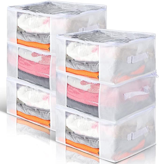 Sadnyy 6 Pcs Clear Storage Bags Zippered Plastic Clothes Containers Case Fabric Blanket Organizer Large Sweater Storage Bins with Handles for Cloth Bedding Sheets Closet Toys(16 x 12 x 8 Inch,White)