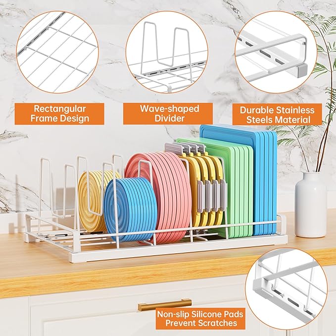 ZDDLOINP Food Container Lid Organizer for Cabinet,with 6 Adjustable Dividers Detachable,Metal Pot Lid Organizer Rack Storage Plastic Lids Pots Bakeware for Cabinets, Cupboards,Pantry, Drawers (White)
