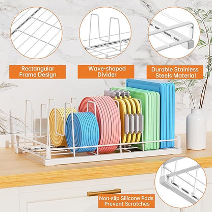 ZDDLOINP Food Container Lid Organizer for Cabinet,with 6 Adjustable Dividers Detachable,Metal Pot Lid Organizer Rack Storage Plastic Lids Pots Bakeware for Cabinets, Cupboards,Pantry, Drawers (White)