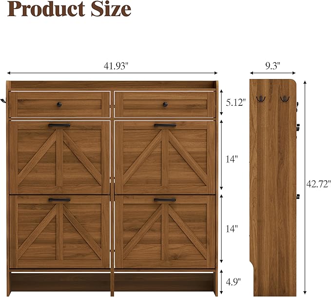 Shoe Cabinet with 4 Flip Drawers & 2 Storage Drawers, Rustic Farmhouse Narrow Shoe Organizer Cabinet, Slim Shoe Rack Cabinet, Shoe Storage Cabinet for Entryway, Hallway, Front Door