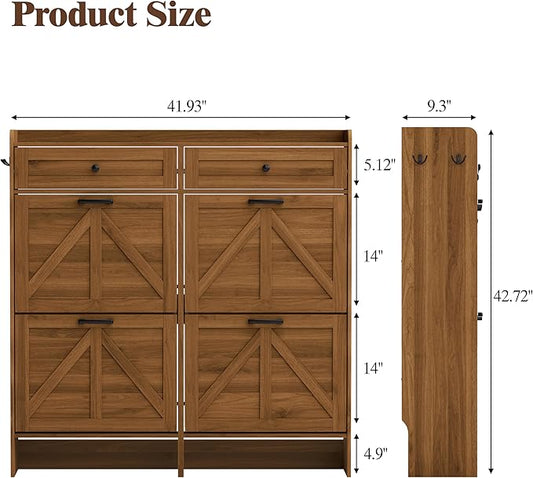 Shoe Cabinet with 4 Flip Drawers & 2 Storage Drawers, Rustic Farmhouse Narrow Shoe Organizer Cabinet, Slim Shoe Rack Cabinet, Shoe Storage Cabinet for Entryway, Hallway, Front Door