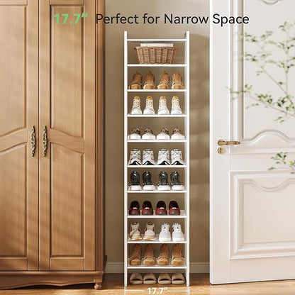 Narrow Shoe Rack, 10-Tier Metal Shoe Organizer,Tall Shoe Shelf with Anti-Tip Strap, Max Holds 20 Pairs,Space Saving for Closet,Entryway,White