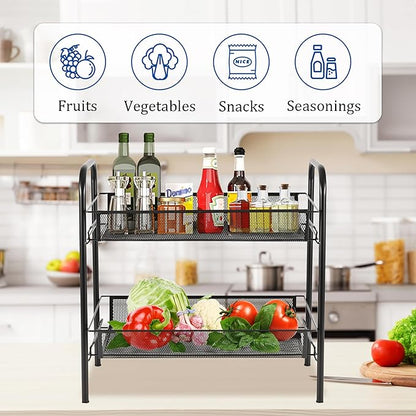 CVHOMEDECO. 2 Tier Fruit Basket Large Capacity Rectangular Metal Fruit Bowl Detachable Metal Fruit Stands Organizer for Kitchen Counter, Bread, Vegetable, Snack and Fruits. Black